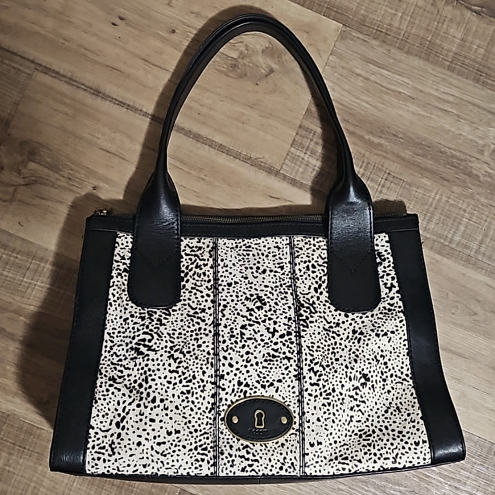 Fossil- Leather Black and White Spotted Animal Print Cow Hide Dyed Hair Purse